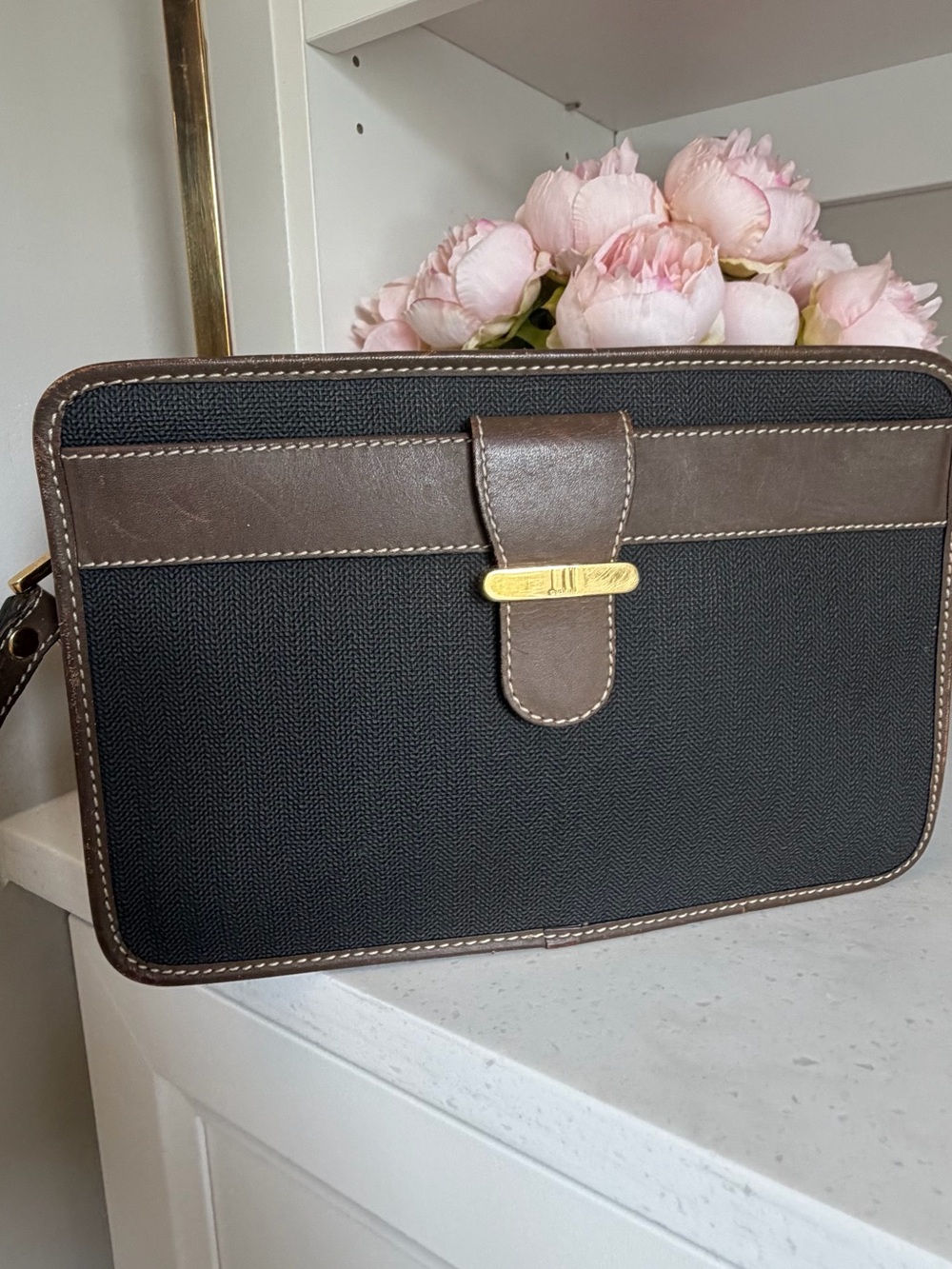 Dunhill Classic Black Brown Men's Wristlet canvas leather Clutch Gold Hardware